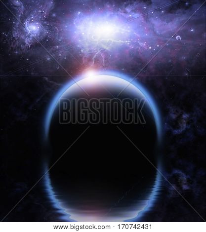 Waters reflection and Planets  3D Render  Some elements provided courtesy of NASA
