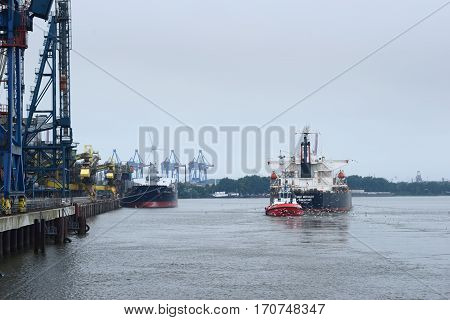 Photo with ship on the haven. June 2016 in Hamburg, Germany.