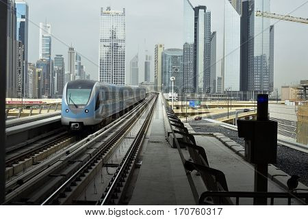 Dubai, United Arab Emirates - February 11, 2017, The Dubai Metro is a driverless, fully automated metro rail network in Dubai, United Arab Emirates