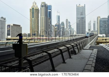 Dubai, United Arab Emirates - February 11, 2017, The Dubai Metro is a driverless, fully automated metro rail network in Dubai, United Arab Emirates