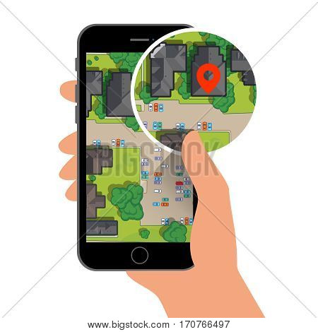 Mobile gps navigation on mobile phone with map and pin. Top view of the city Vector illustration.