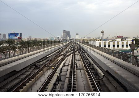 Dubai, United Arab Emirates - February 19, 2017, The Dubai Metro is a driverless, fully automated metro rail network in Dubai, United Arab Emirates