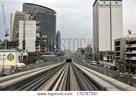 Dubai, United Arab Emirates - February 19, 2017, The Dubai Metro is a driverless, fully automated metro rail network in Dubai, United Arab Emirates