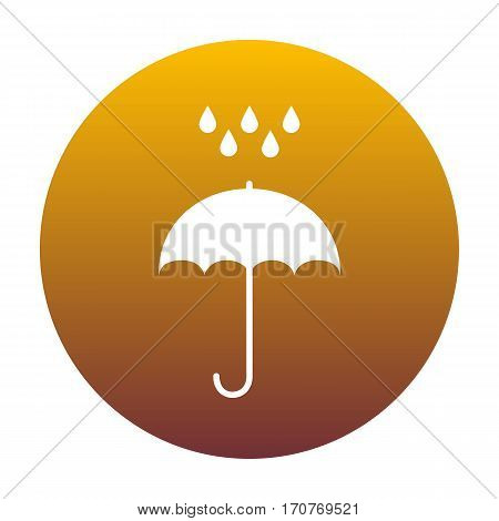 Umbrella with water drops. Rain protection symbol. Flat design style. White icon in circle with golden gradient as background. Isolated.