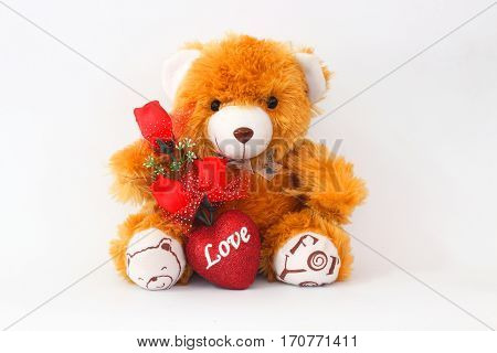 Brown teddy bears and red roses on a white background.