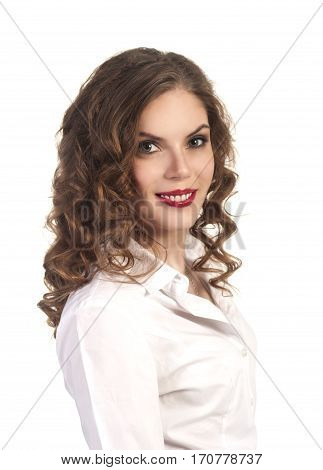 Young smiling girl - portrait . The business style. Studio shot on white background.