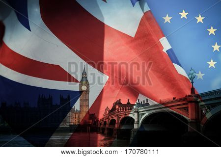 flags of UK and EU combined over icons of London - Brexit concept