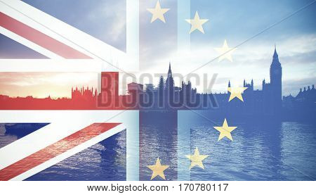 flags of UK and EU combined over icons of London - Brexit concept