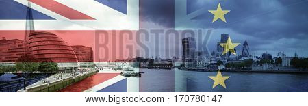 flags of UK and EU combined over icons of London - Brexit concept