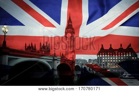 flags of UK and EU combined over icons of London - Brexit concept