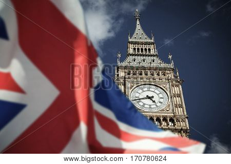 flags of UK and EU combined over icons of London - Brexit concept