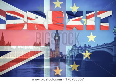 flags of UK and EU combined over icons of London - Brexit concept