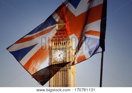 flags of UK and EU combined over icons of London - Brexit concept