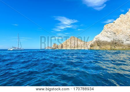 The arch point (El Arco) at Cabo San Lucas, Mexico. View from open ocean side. Divorce Beach (Playa del Divorcio).