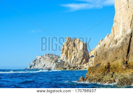 The arch point (El Arco) at Cabo San Lucas, Mexico. View from open ocean side. Divorce Beach (Playa del Divorcio).