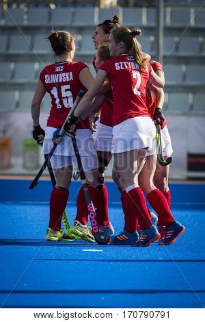 VALENCIA, SPAIN - FEBRUARY 7: Poland players celebrate a goal during Hockey World League Round 2 match between Ghana and Poland at Betero Stadium on February 7, 2017 in Valencia, Spain