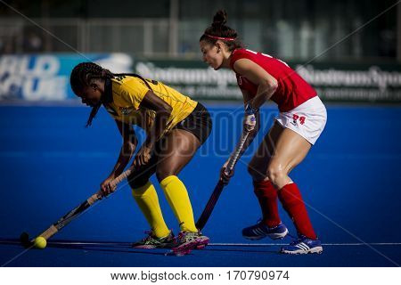 VALENCIA, SPAIN - FEBRUARY 7: (L) Shaibu, (R) Blaszyk during Hockey World League Round 2 match between Ghana and Poland at Betero Stadium on February 7, 2017 in Valencia, Spain