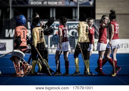 VALENCIA, SPAIN - FEBRUARY 7: Players during Hockey World League Round 2 match between Ghana and Poland at Betero Stadium on February 7, 2017 in Valencia, Spain