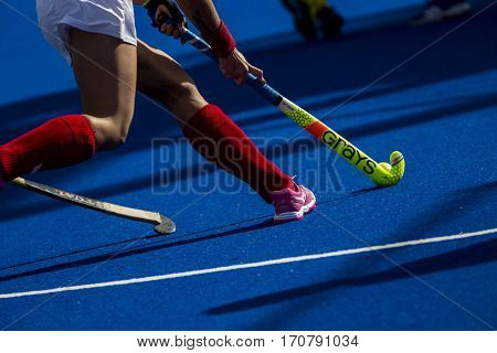 VALENCIA, SPAIN - FEBRUARY 7: Poland player during Hockey World League Round 2 match between Ghana and Poland at Betero Stadium on February 7, 2017 in Valencia, Spain