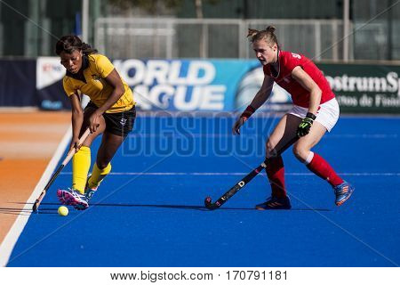 VALENCIA, SPAIN - FEBRUARY 7: Players during Hockey World League Round 2 match between Ghana and Poland at Betero Stadium on February 7, 2017 in Valencia, Spain