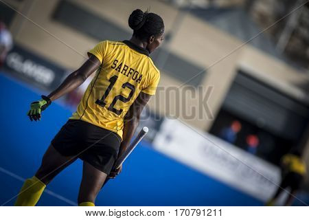 VALENCIA, SPAIN - FEBRUARY 7: Martha Sarfoa during Hockey World League Round 2 match between Ghana and Poland at Betero Stadium on February 7, 2017 in Valencia, Spain