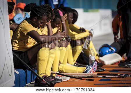 VALENCIA, SPAIN - FEBRUARY 7: Ghana players during Hockey World League Round 2 match between Ghana and Poland at Betero Stadium on February 7, 2017 in Valencia, Spain