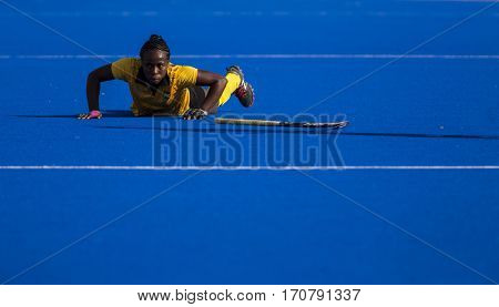 VALENCIA, SPAIN - FEBRUARY 7: Ghana player during Hockey World League Round 2 match between Ghana and Poland at Betero Stadium on February 7, 2017 in Valencia, Spain