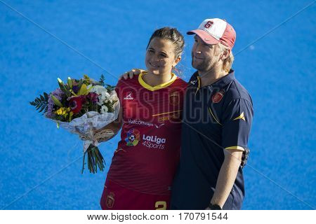 VALENCIA, SPAIN - FEBRUARY 7: Adrian Lock and Rocio Gutierrez during Hockey World League Round 2 match between Spain and Turkey at Betero Stadium on February 7, 2017 in Valencia, Spain