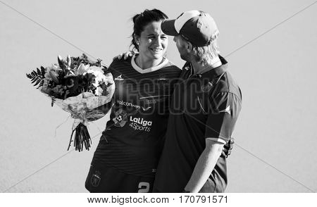 VALENCIA, SPAIN - FEBRUARY 7: Adrian Lock and Rocio Gutierrez during Hockey World League Round 2 match between Spain and Turkey at Betero Stadium on February 7, 2017 in Valencia, Spain
