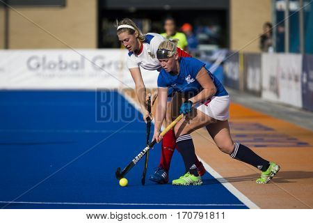 VALENCIA, SPAIN - FEBRUARY 7: (L) Svezhentseva, (R) Lacina during Hockey World League Round 2 match between Russia and Czech Republic at Betero Stadium on February 7, 2017 in Valencia, Spain