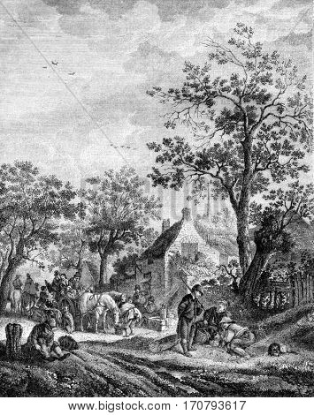 Flemish halt array Isaac Van Ostade, vintage engraved illustration. Magasin Pittoresque 1852.