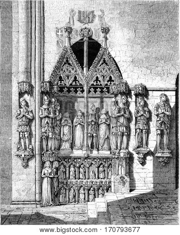 Restore monument erected to the counts of Neuchatel, in the Collegiate Neuchatel, vintage engraved illustration. Magasin Pittoresque 1852.