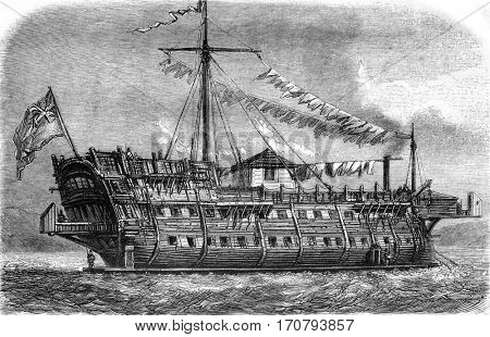 A Ponton English, military prison, vintage engraved illustration. Magasin Pittoresque 1846.