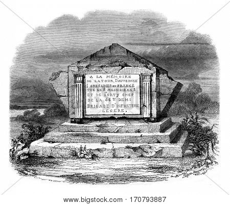 High tomb in La Tour d'Auvergne on the battlefield, vintage engraved illustration. Magasin Pittoresque 1846.
