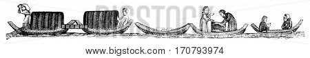 Wheat boats, Fishmonger fresh water, Boatman passer, vintage engraved illustration. Magasin Pittoresque 1846.