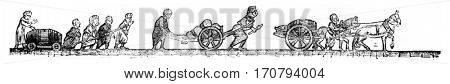 Sled, Handcart, Dray wine, vintage engraved illustration. Magasin Pittoresque 1846.