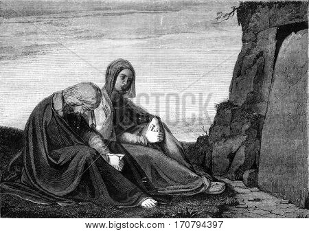 The Holy Women at the Tomb, by Philip Veit, vintage engraved illustration. Magasin Pittoresque 1845.