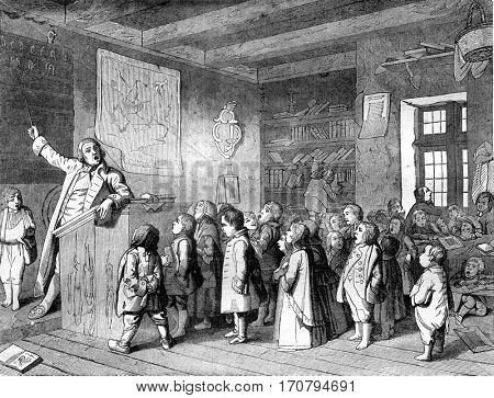 Job schoolmaster, vintage engraved illustration. Magasin Pittoresque 1845.