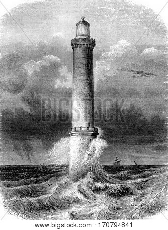 Lighthouse Brehat, near Treguier, department of North Cotes, vintage engraved illustration. Magasin Pittoresque 1845.