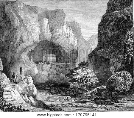 View of the Grotto of Saint Paul, in the valley of Mousta, Malta, vintage engraved illustration. Magasin Pittoresque 1845.