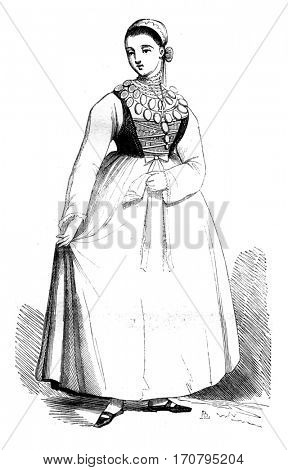 Costume festival in Alsace, vintage engraved illustration. Magasin Pittoresque 1845.