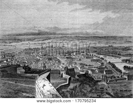Besancon, capital of the department of Doubs, View from the citadel, vintage engraved illustration. Magasin Pittoresque 1845.