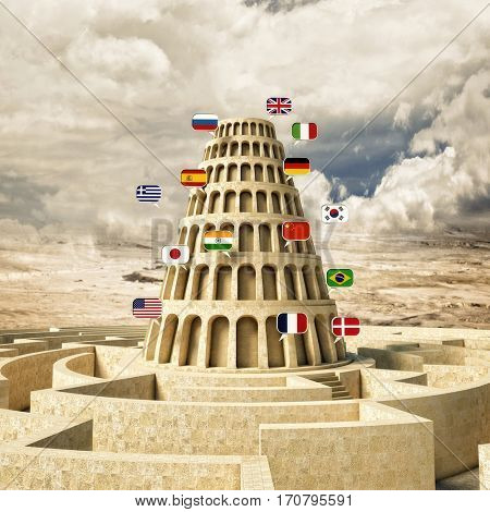 babel tower concept 3d rendering