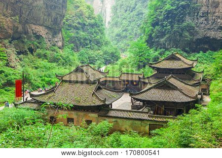 Antique Chinese historical tavern in valley an important constituent part of the Wulong Karst World Natural Heritage Chongqing China