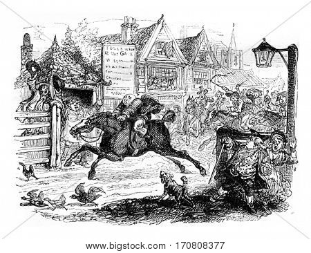 Back to John Gilpin, vintage engraved illustration. Magasin Pittoresque 1842.