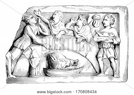Gallic meal. D'after a relief discovered in Paris, vintage engraved illustration. Magasin Pittoresque 1842.
