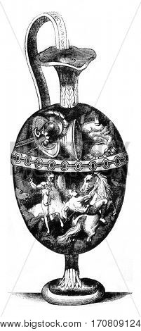 Enamelled copper vase, manufacturing Limoges, vintage engraved illustration. Magasin Pittoresque 1841.