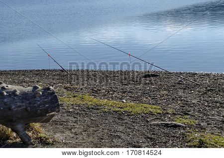 Fishing rod of stand by dam Iskar in wintertime, Pancharevo, Bulgaria