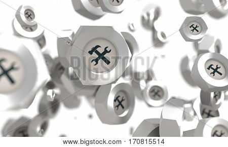 Nuts levitation group with hammer and wrench icon. Shallow depth of focus. 3D rendering