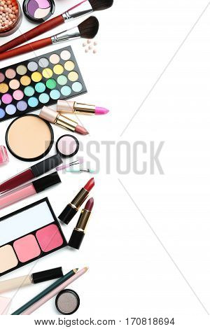 Different Makeup Cosmetics On White Background